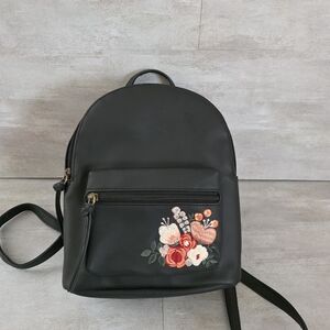 Vegan Material Black Backpack Purse With Embroidery Accent T-Shirt & Jeans Co.